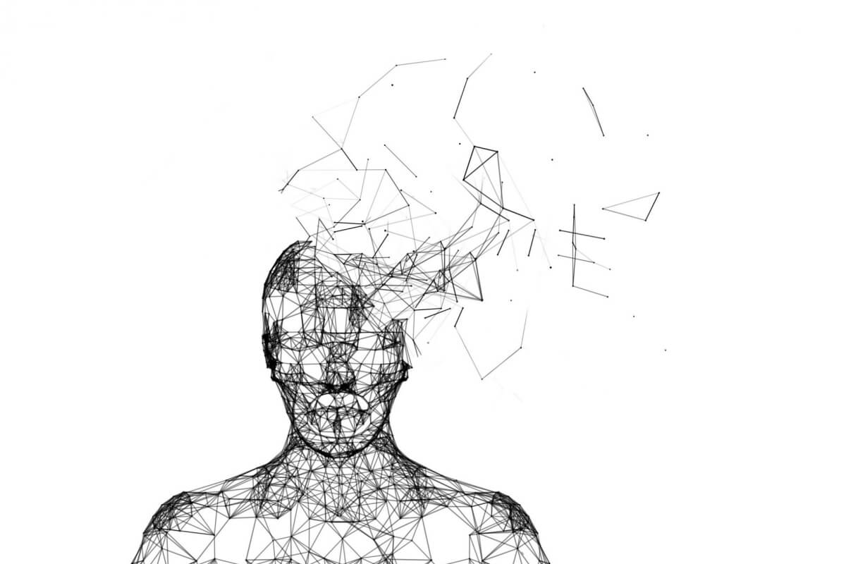 shattered human head isolated on white artificial intelligence in futuristic technology concept