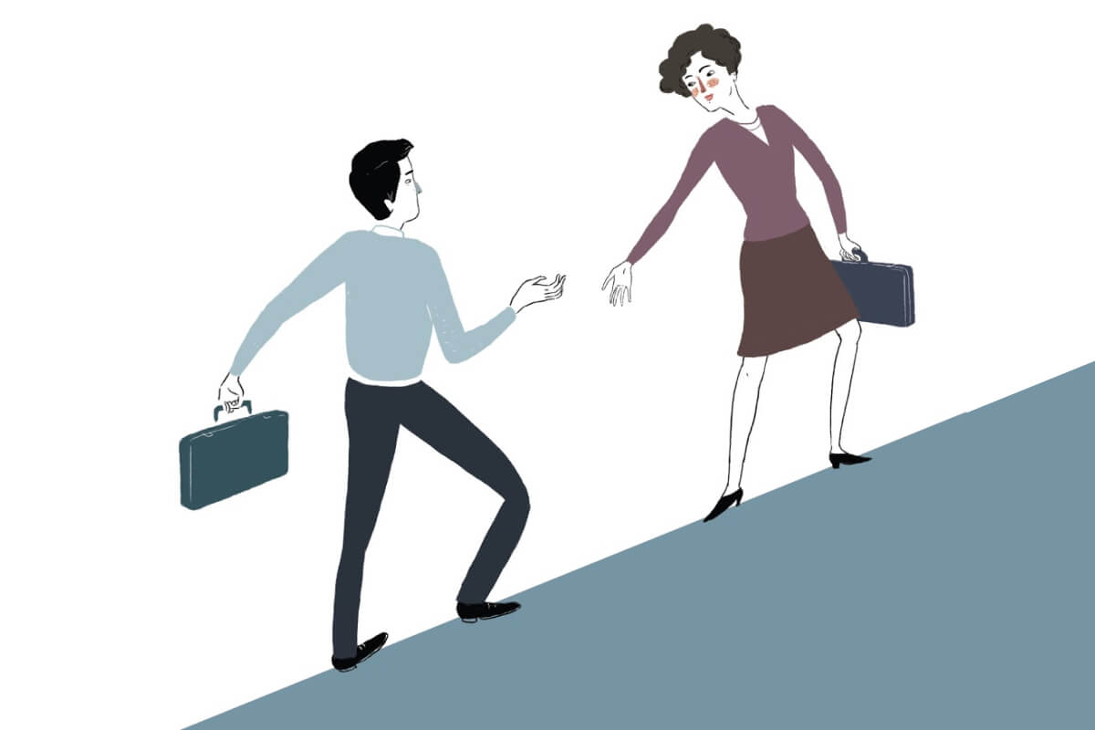 illustration of corporate man downhill reaching for woman hand uphill