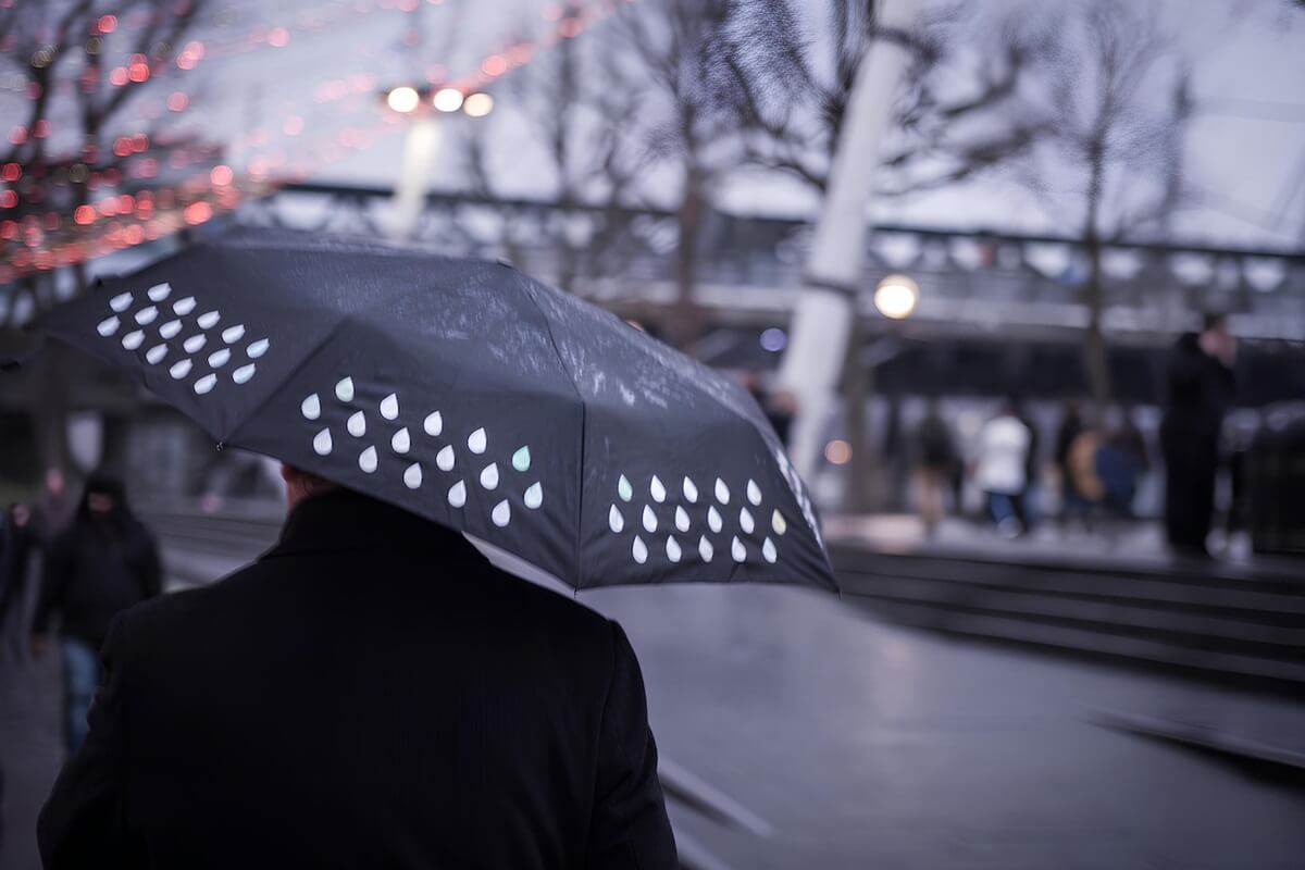 man holding umbrella walking down street while raining