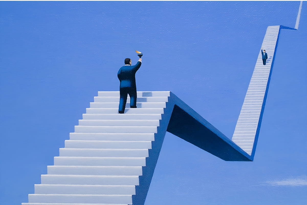 Drawing of man holding torch climbing stairs towards sky