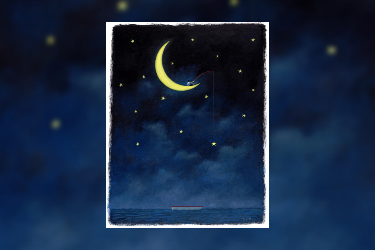 Painting of the night sky above the ocean with man sitting on the moon fishing for stars
