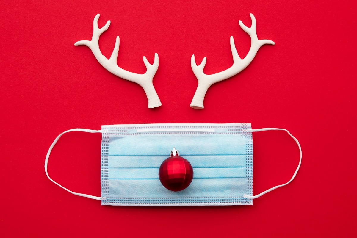 Mask, christmas ball and antlers in the shape of a reindeer face