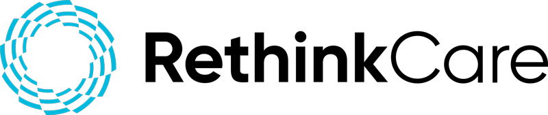 Black RethinkCare logo with blue logo icon