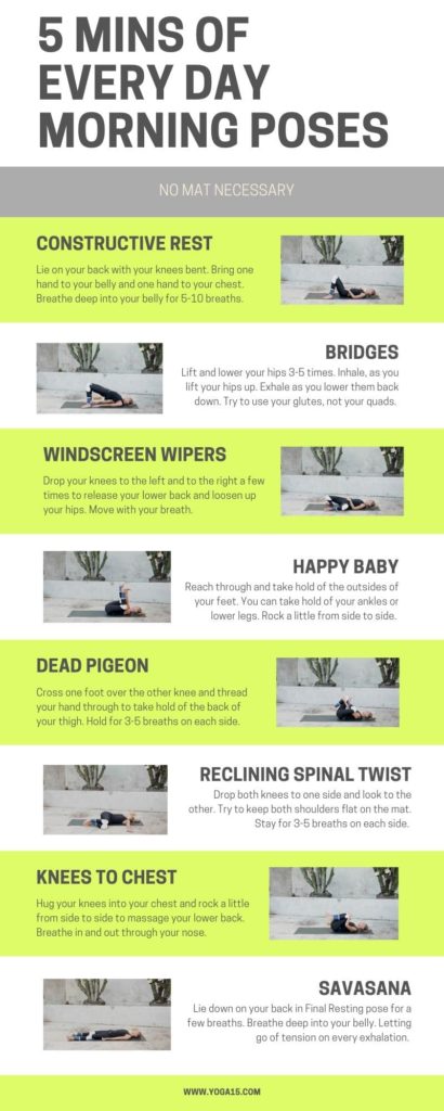 Infographic of 5 mins of every day morning poses for yoga