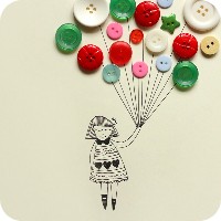Pen illustration of girl holding balloon made of actual buttons