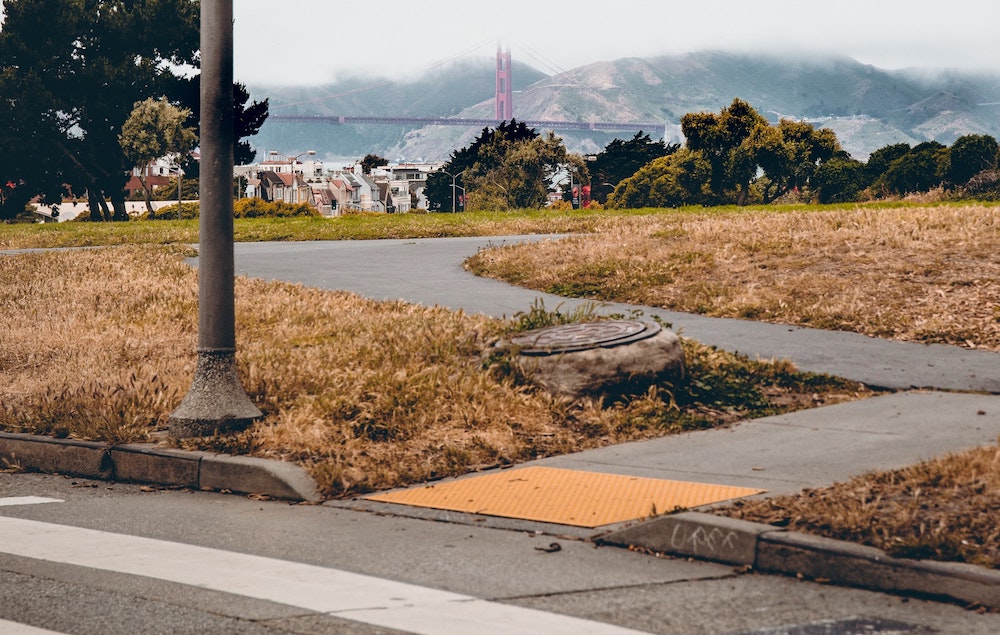 Crosswalk in front of mountains