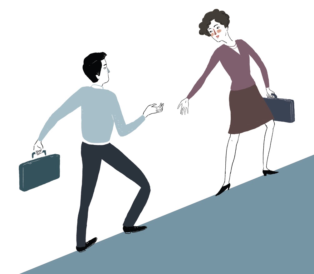 man and women reaching hands