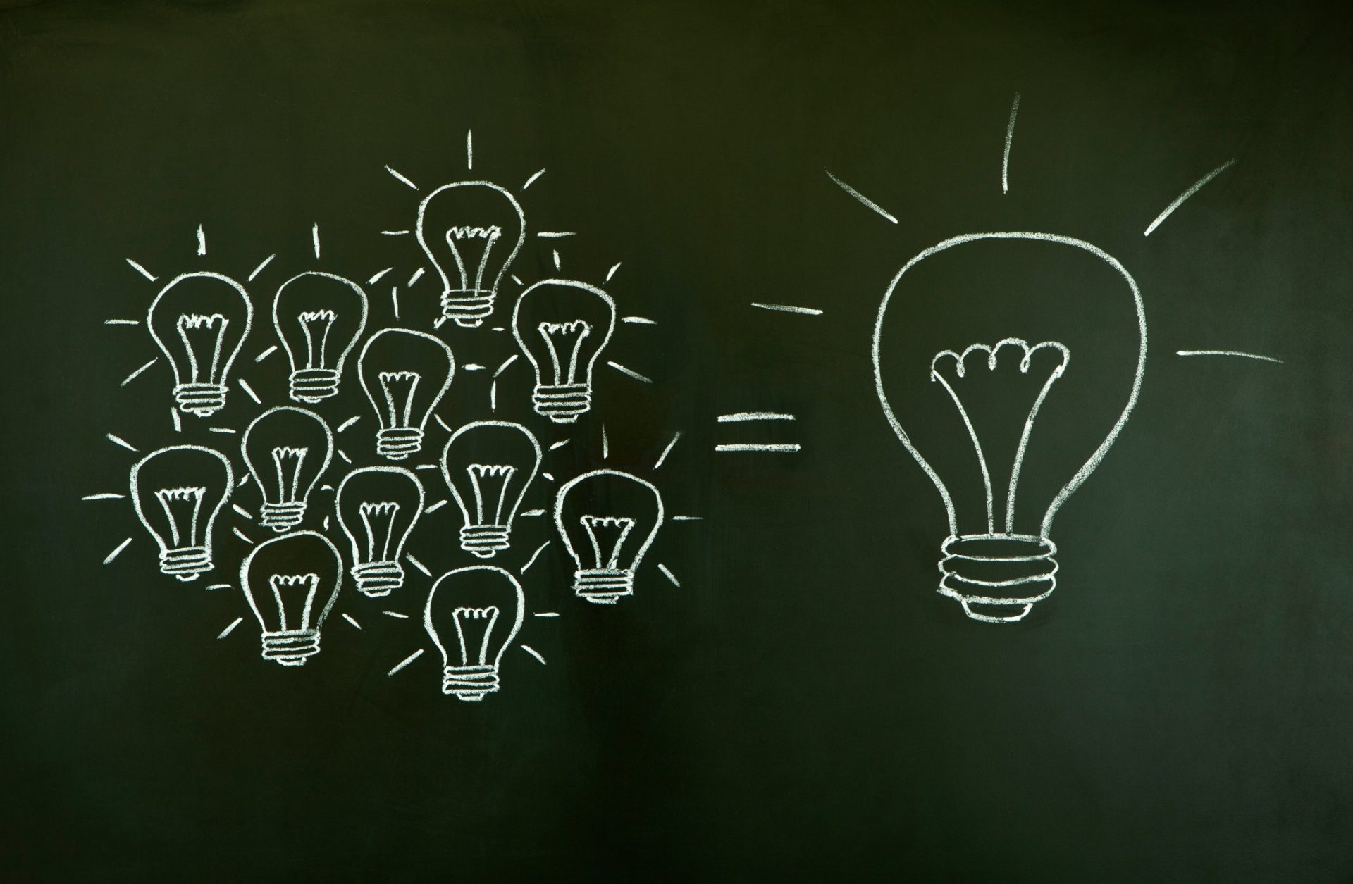 many small ideas equal a big one illustrated with chalk drawn light bulbs on blackboard t20 Gg6VkE