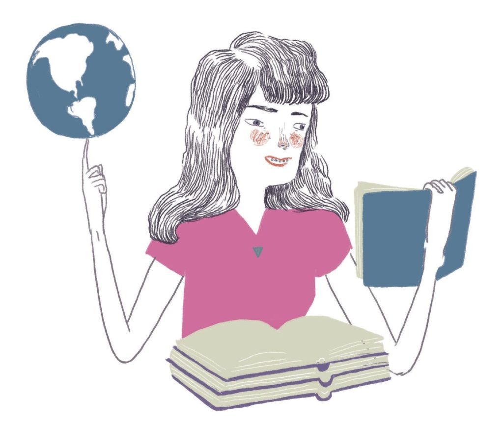 Drawing of a woman reading with a globe on her finger