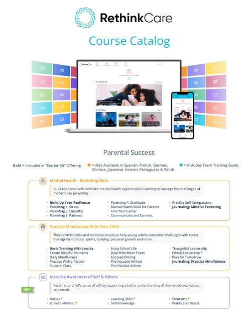 RethinkCare Course Catalog first page with Parental Success examples