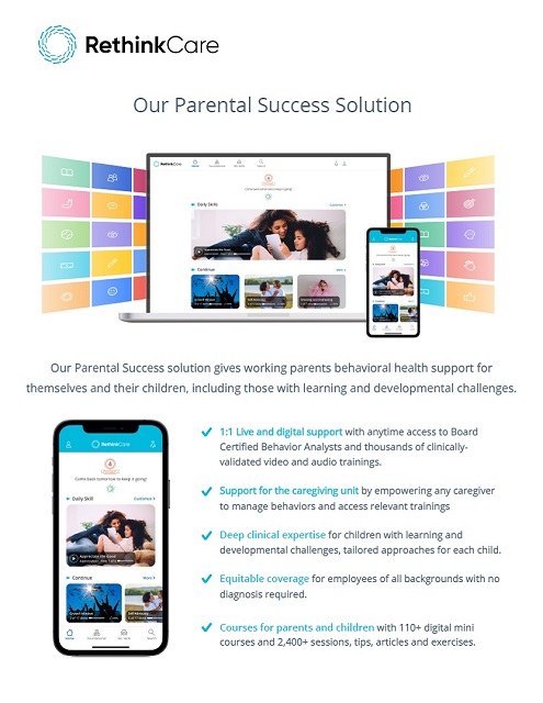 First page of RethinkCare parental success solution 1 page brochure
