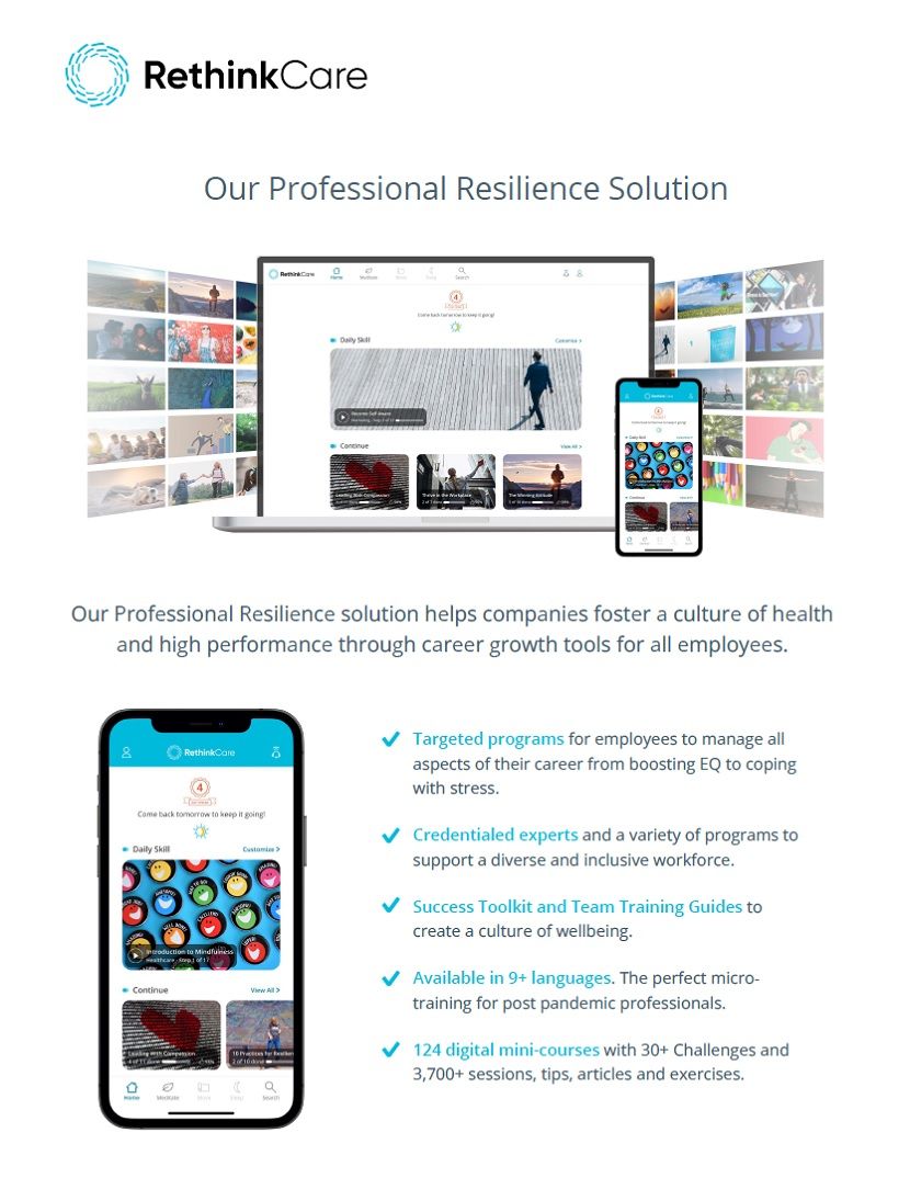First page of RethinkCare professional resilience solution brochure
