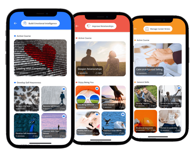 Three smart phones with different screens from the RethinkCare app
