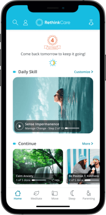 RethinkCare home page on mobile app