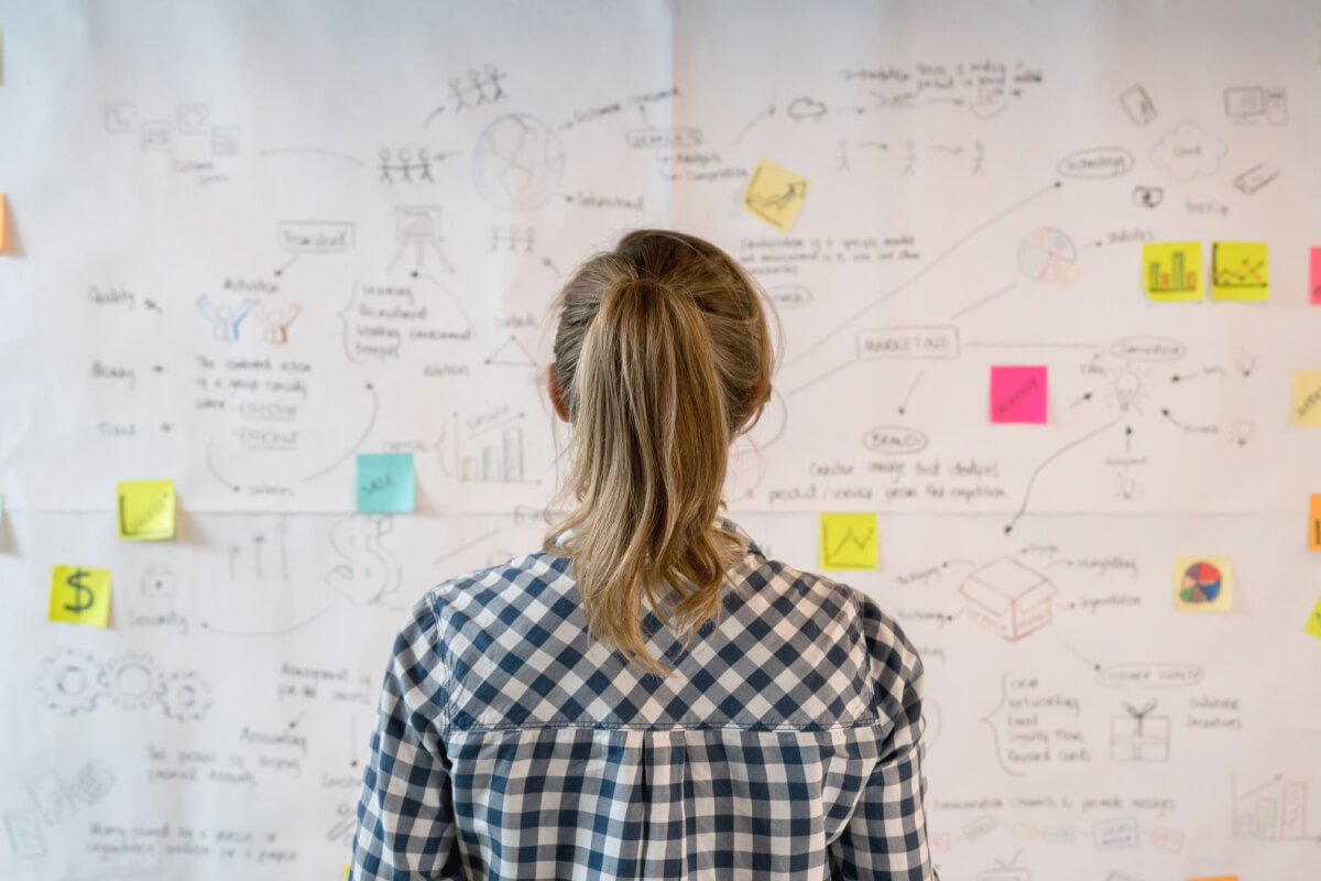 Woman practicing executive function on placard at creative office