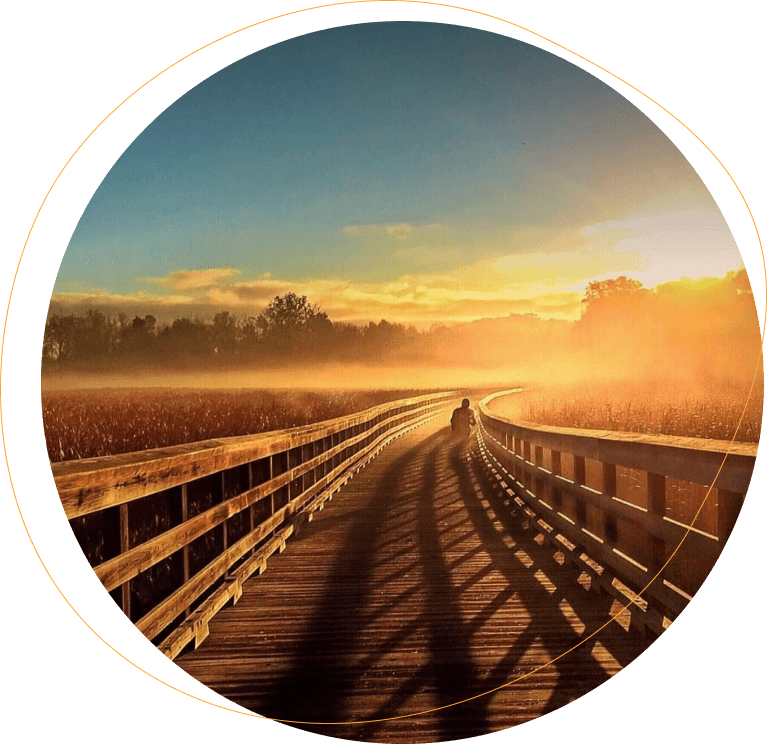 Wooden bridge going across a field at sunset