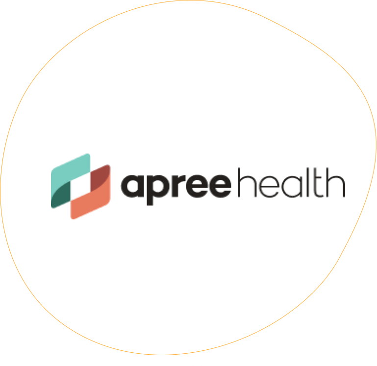 apree health logo in white circle with orange accent lines