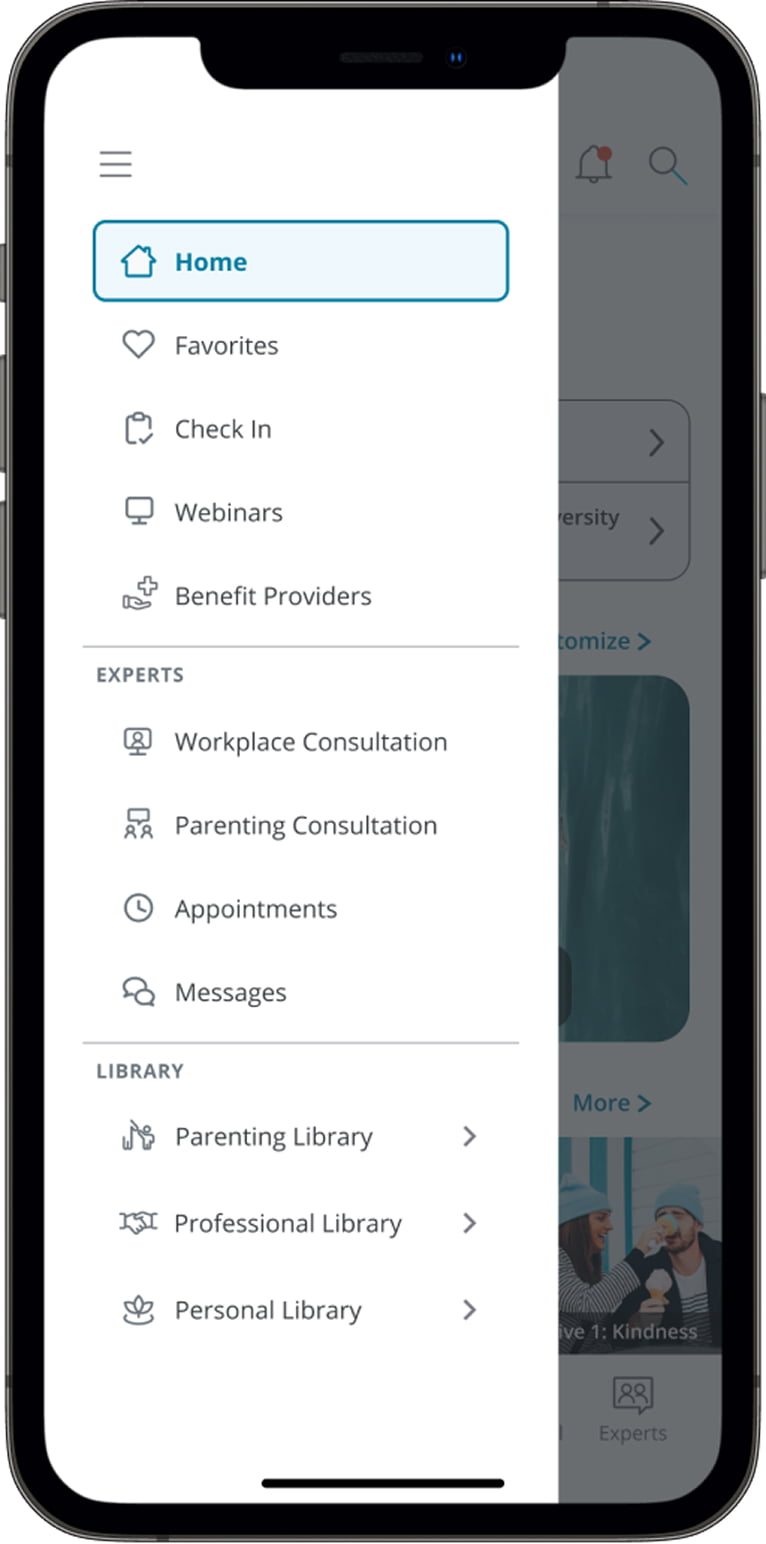 RethinkCare mobile app with open side menu