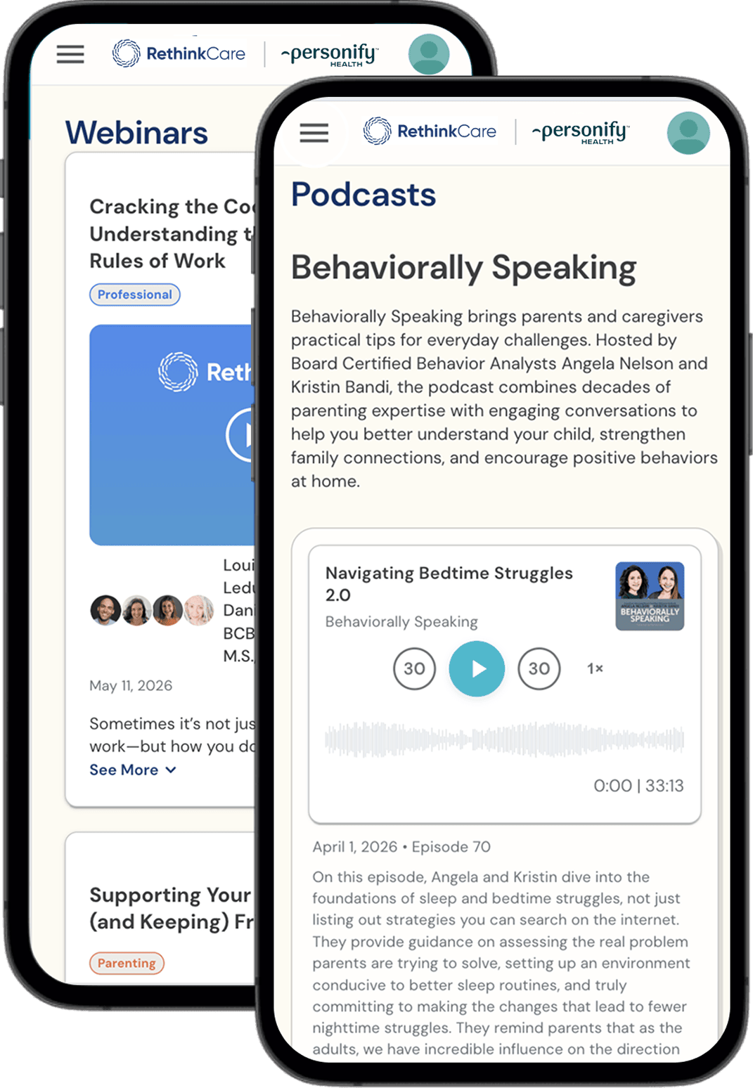 RethinkCare Parenting Podcasts and Webinars App UI